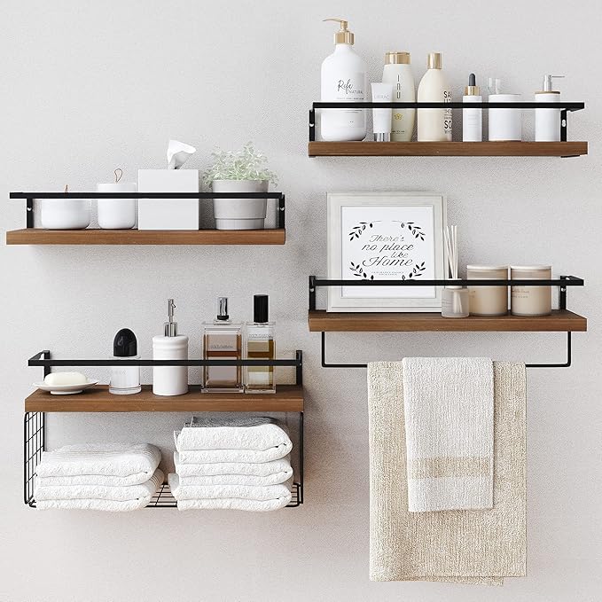 Wood Floating Shelves Wall Mounted - 4+1 Tier Rustic Bathroom Wall Shelves Over Toilet with Wire Storage Basket and Towel Bar, Set of 4 Farmhouse Floating Shelf for Bathroom, Kitchen, Bedroom.