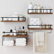 Wood Floating Shelves Wall Mounted - 4+1 Tier Rustic Bathroom Wall Shelves Over Toilet with Wire Storage Basket and Towel Bar, Set of 4 Farmhouse Floating Shelf for Bathroom, Kitchen, Bedroom.