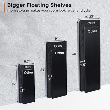 Fun Memories Floating Shelves - 16 Inch Rustic Black Wall Shelf - Wall Mounted Shelves for Wall Decor Storage - Wooden Shelves with Invisible Brackets for Living Room, Bedroom, Kitchen, 2 Pack