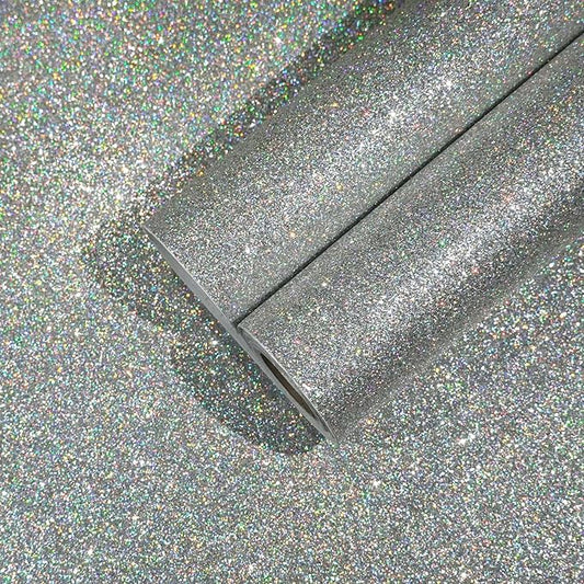 CHIHUT Holographic Silver Glitter Wallpaper Stick and Peel for Walls Self Adhesive Glitter Stick on Wallpaper for Bedroom Sparkle Fabric Glitter Contact Paper for Cabinets Shelf Liner 15.7''x100''