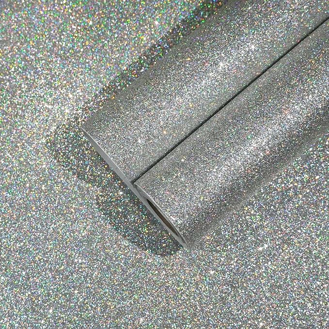 CHIHUT Holographic Silver Glitter Wallpaper Stick and Peel for Walls Self Adhesive Glitter Stick on Wallpaper for Bedroom Sparkle Fabric Glitter Contact Paper for Cabinets Shelf Liner 15.7''x100''
