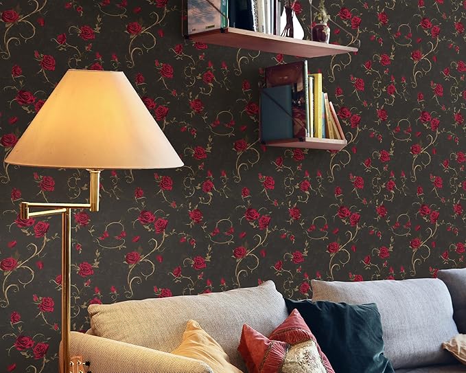 FLFK Gothic Rose Floral Wallpaper Peel and Stick 16in x 64in Wall Paper for Walls, Kitchen, Bathroom, Bedroom, Living Room, Dining Room, Office, Home Decor