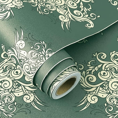 FunStick 17.5"x354" Vintage Dark Green Damask Peel and Stick Wallpaper Victorian Beige Floral Self Adhesive Wallpaper for Bedroom Living Room Walls Decorative Green Contact Paper for Cabinets Drawers