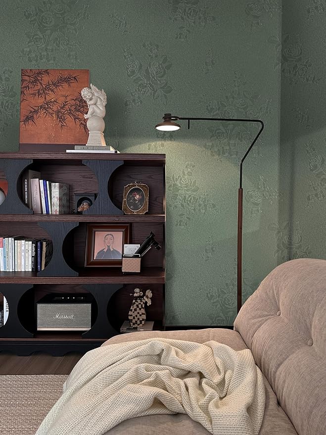 Dimoon 118"x17.7" Leaf Green Flower Thicken Advanced Texture Wallpaper Peel and Stick Green Leaf Floral Wallpaper Waterproof Contact Paper Grey Self Adhesive Wall Paper Removable Vinyl Roll
