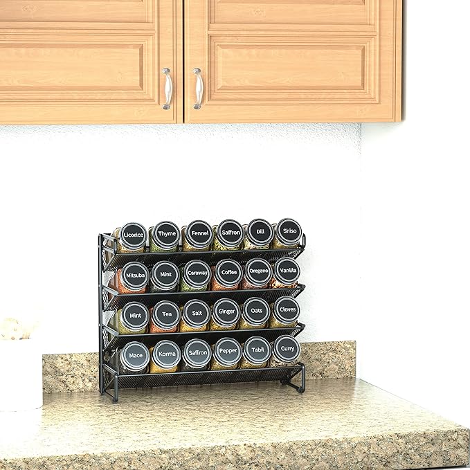 SpaceAid Spice Rack Organizer with 24 Spice Jars, 386 Spice Labels, Chalk Marker and Funnel Set for Cabinet, Countertop, Pantry, Cupboard or Door & Wall Mount -24 Jars, 11.8