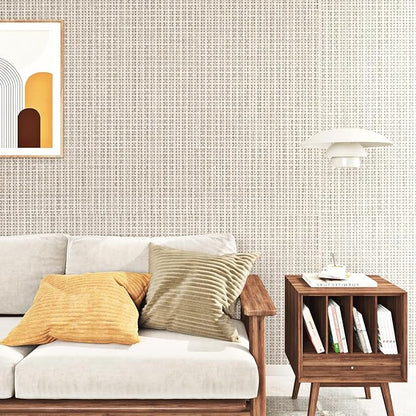 FunStick Beige Wallpaper Stick and Peel for Bedroom Waterproof Grasscloth Peel and Stick Wallpaper Textured Geometric Wall Paper Self Adhesive Beige Contact Paper for Cabinets Walls Shelves 12"x200"