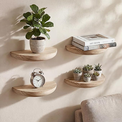 4 Pcs Solid Wood Half Round Floating Wall Shelves, Elegant Floating Wooden Shelves, 8.27 Inch Wall Shelf for Living Room, Bathroom, Bedroom, Offices, Pictures Plant Book(Light Brown)