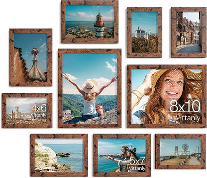 Vittanly Picture Frames Set of 10, Picture Frames Collage Wall Decor with Two 8x10, Four 5x7 and Four 4x6 Photo Frames, Gallery Wall Frame Set for Wall or Tabletop Display, Rustic Brown