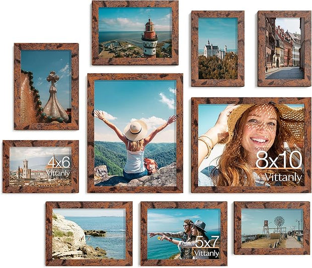 Vittanly Picture Frames Set of 10, Picture Frames Collage Wall Decor with Two 8x10, Four 5x7 and Four 4x6 Photo Frames, Gallery Wall Frame Set for Wall or Tabletop Display, Rustic Brown