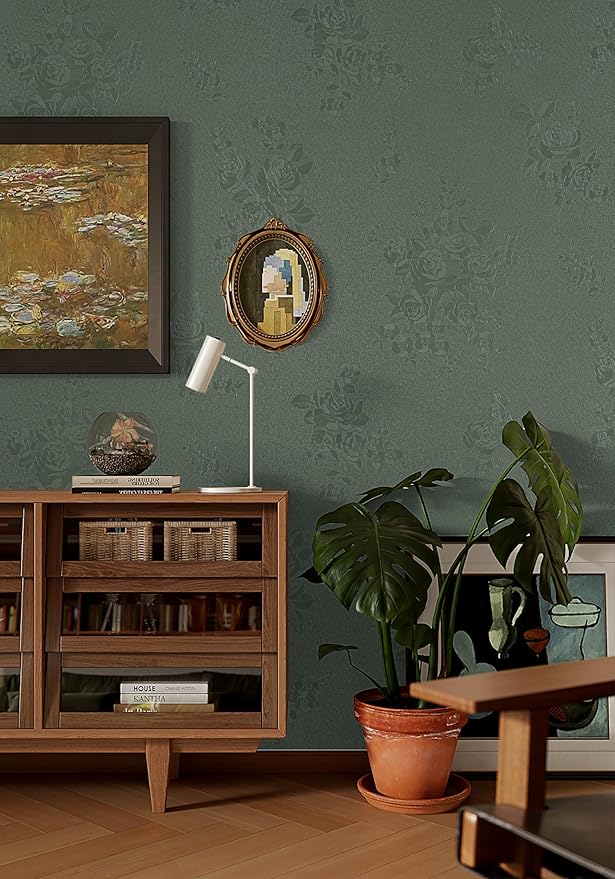 Dimoon 236"x17.7" Leaf Green Flower Thicken Advanced Texture Wallpaper Peel and Stick Green Leaf Floral Wallpaper Waterproof Contact Paper Grey Self Adhesive Wall Paper Removable Vinyl Roll