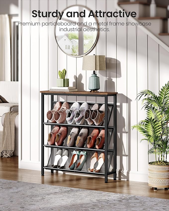 Shoe Rack, 4-Tier Slanted Shoe Storage Shelf, Narrow Shoe Rack for Entryway, Shoe Organizer with Adjustable Feet, Slim Shoe Shelf with Wooden Top and Metal Frame Rustic Brown and Black TXJ75BF
