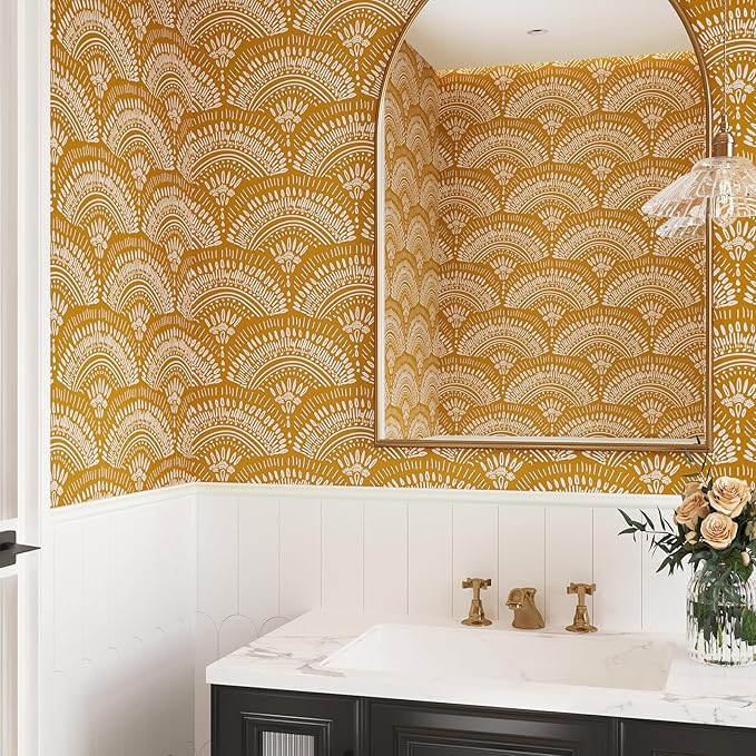 VEELIKE Mustard Yellow Geometric Peel and Stick Wallpaper Boho Geometric Wallpaper Removable 17.7''x118'' Renter Friendly Art Deco Wallpaper Peel and Stick for Bedroom Bathroom Accent Walls Cabinets