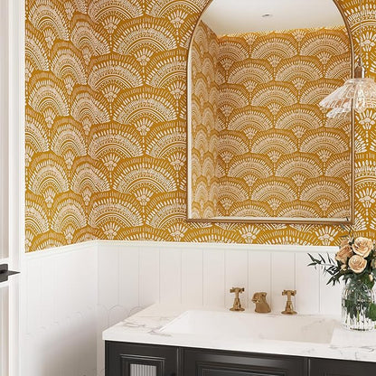 VEELIKE Mustard Yellow Geometric Peel and Stick Wallpaper Boho Geometric Wallpaper Removable 17.7''x118'' Renter Friendly Art Deco Wallpaper Peel and Stick for Bedroom Bathroom Accent Walls Cabinets