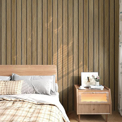 Brown Wood Panels for Wall 3D Wood Slat Wall Panel Acoustic Faux Wooden Slat Wallpaper Self Adhesive Herringbone Shiplap Peel and Stick Wallpaper for Bedroom Living Room Entrance Hall Decor