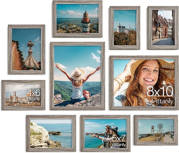 Vittanly Picture Frames Set of 10, Picture Frames Collage Wall Decor with Two 8x10, Four 5x7 and Four 4x6 Photo Frames, Gallery Wall Frame Set for Wall or Tabletop Display, Dark Grey