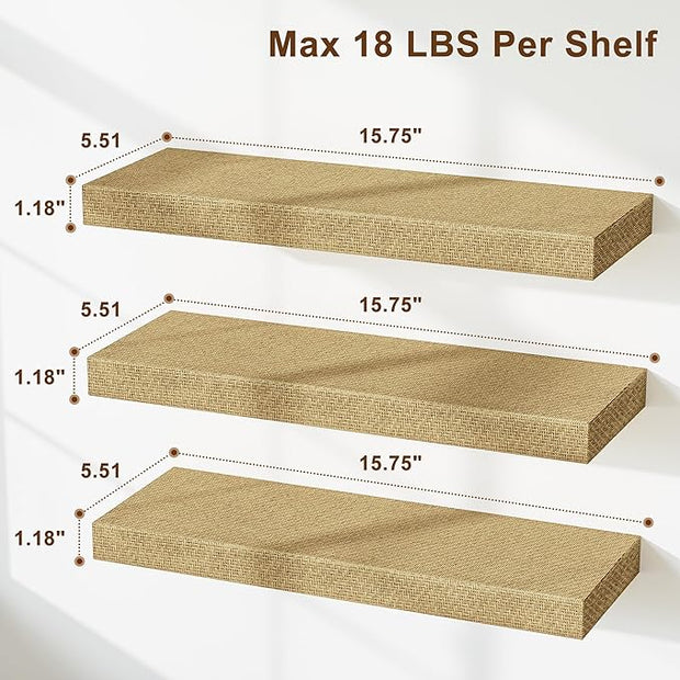 Alsonerbay Rattan Floating Shelves for Wall Set of 3, 15.7 Inch Wood Shelves Wall Mounted with Invisible Bracket for Bedroom Living Room Nursery and More