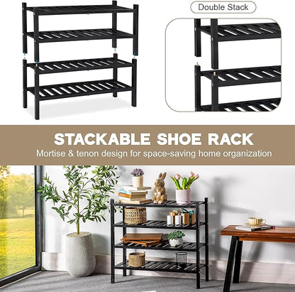 2-Tier Acacia Wood Shoe Rack - Stackable Entryway Organizer for Closet, Entryway, Easy Assembly, Indoor/Outdoor Storage Stand (Black)