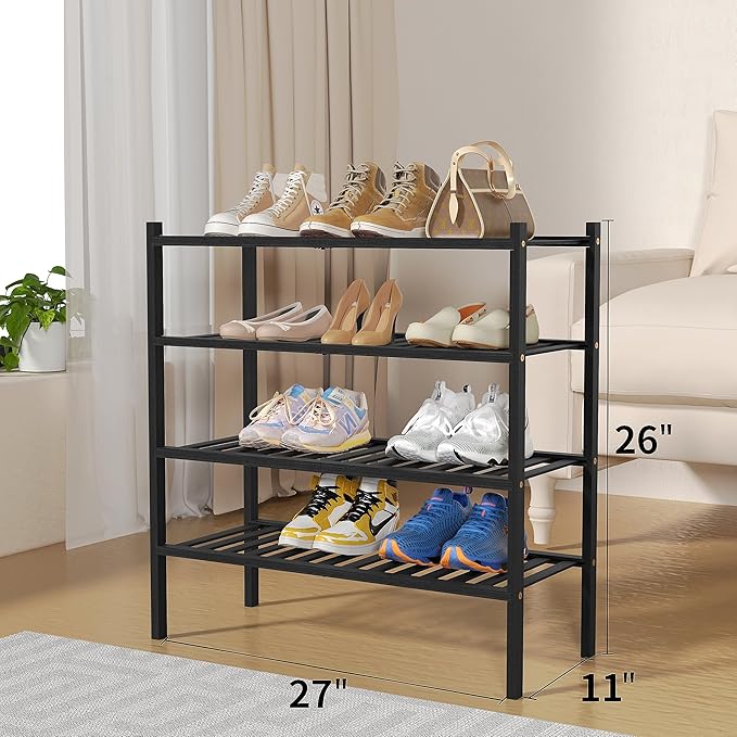 4 Tier Bamboo Shoe Rack for Closet Free Standing Wood Shoe Shelf for Entryway Small Space Stackable 27