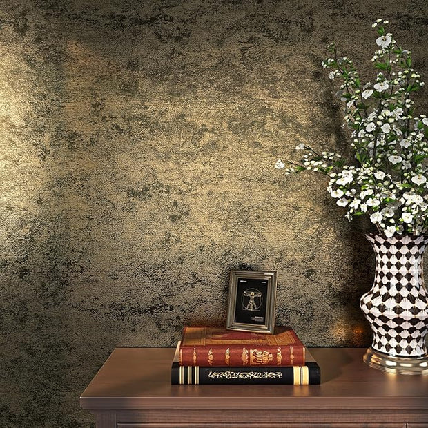 Livelynine 15.8x197 Antique Gold Wall Paper Peel and Stick Metallic Gold Accents Modern Textured Embossed Wallpaper for Bathroom Renter Friendly Decorative Contact Paper for Walls Kitchen Counter Top