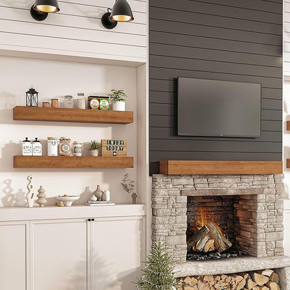 Wall Floating Shelves, Rustic Wood Shelf for Wall Mounted - Wooden Handmade Shelves for Bathroom Kitchen Livingroom(Walnut, 36 Inch - 2 Pack)