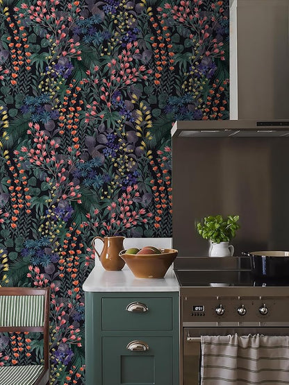 Floral Peel and Stick Wallpaper Boho Wall Paper Removable Waterproof Green/Yellow/Orange Contact Paper for Bedroom, Bathroom,Cabinet,Kitchen,Home Wall 17.3“ x 118”