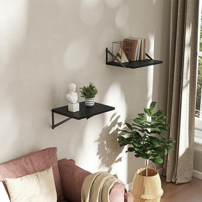 Deep Floating Shelves Wall Mounted, 16"x12" Black Wall Shelves with Brackets Set of 2 for Bedroom, Living Room, Bathroom, Kitchen, Office - Storage & Display Shelf for Decor, Books, Plants