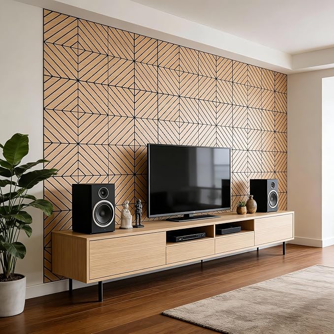 WoveN SounD Artisan Acoustic Wall Panels, 16 Pack 12x12 Inch, Wood Veneer Carved Sound Proof Wall Decor, Self-Adhesive for Home, Studio, Office & Focus Zones, Twill Pattern, Natural Oak
