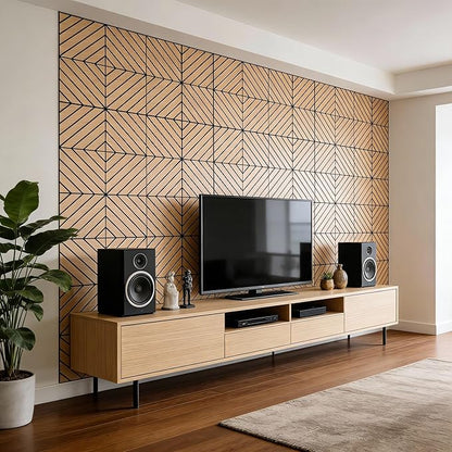 WoveN SounD Artisan Acoustic Wall Panels, 16 Pack 12x12 Inch, Wood Veneer Carved Sound Proof Wall Decor, Self-Adhesive for Home, Studio, Office & Focus Zones, Twill Pattern, Natural Oak