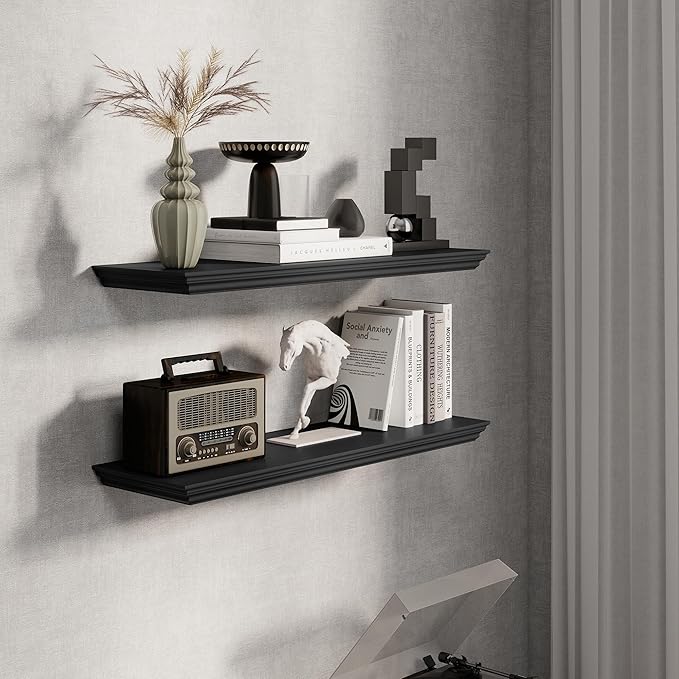 Fun Memories Floating Shelves 32 Inch Long, 9.3 Inch Deep Classic Crown Molding Floating Shelves for Wall, Rustic Wooden Shelves for Wall Decor Bathroom, Kitchen, Office, (Black, 2Pack)