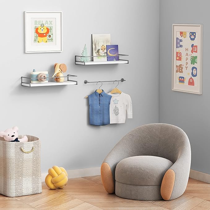 Forbena White Floating Shelves for Bathroom Organizer Over Toilet, Bathroom Shelves Wall Mounted with Towel Rack, Corner Wall Shelf for Bedroom Decor Kitchen Storage (White-Dark Grey, Set of 2)