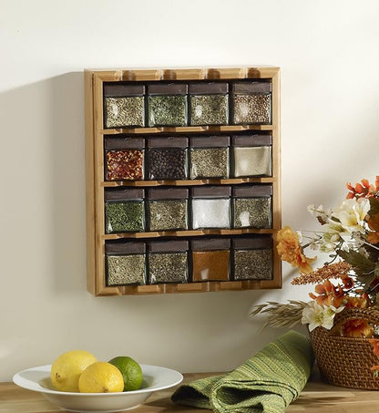 Kamenstein Jar Bamboo 3-in-1 Spice Organizer for Countertop, Wall, and Drawer with Spices Included, FREE Spice Refills for 5 Years, Lift & Pour Caps , 16 Count ( Pack of 1)