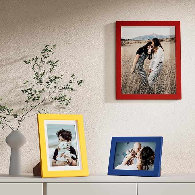 Vittanly Picture Frames Set of 10, Picture Frames Collage Wall Decor with Two 8x10, Four 5x7 and Four 4x6 Photo Frames, Gallery Wall Frame Set for Wall or Tabletop Display, Red, Yellow and Blue