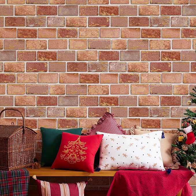 JiffDiff Brick Wallpaper Peel and Stick, Removable Vintage Self Adhesive Wallpaper Renter Friendly Textured Stick on Wallpaper Contact Paper （17.3" x 400" Red Brick）