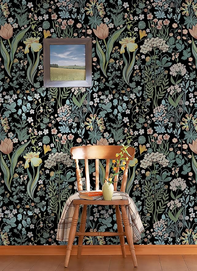 Peel and Stick Wallpaper Vintage Wall Paper Black Floral Contact Paper Removable Wallpaper 17.3