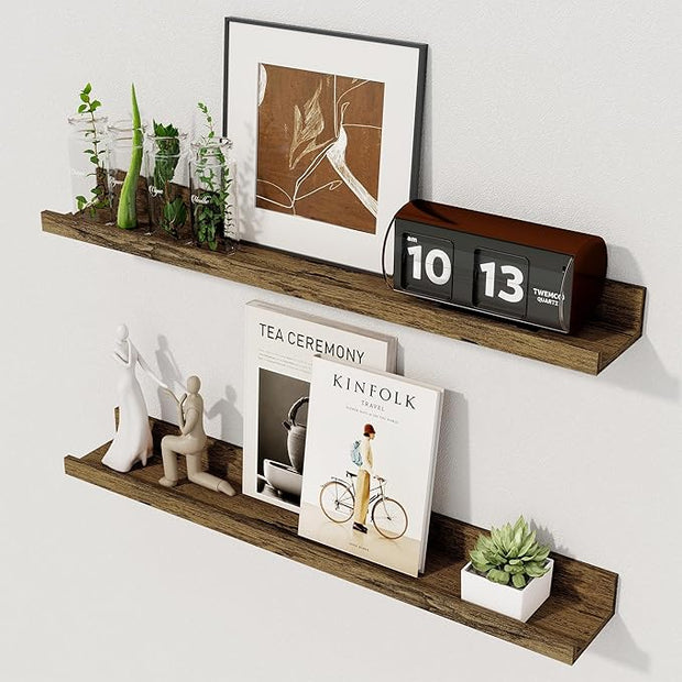Axeman Picture Ledge Shelf | 24 Inch Floating Shelves Set of 2 | Rustic Brown Wall Shelves with Lip | Brown Picture Shelf for Wall with Ledge | Photo Ledges 24 Inch