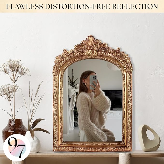 97 Decor Gold Vintage Wall Mirror - Small Gold Mirror for Tabletop and Wall Mounting, Antique Arch Frames for Desk, Small Decorative Mirrors Frame for Home Bedroom, Makeup Room Decor (10x6.8 Inch)