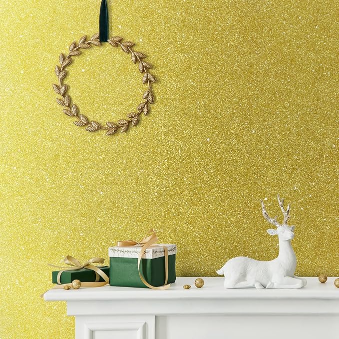 CHIHUT 15.7''x236'' Glitter Contact Paper Gold Glitter Wallpaper Stick and Peel for Walls Self Adhesive Shiny Glitter Wallpaper Roll Removable Fabric Decorative for Bedroom Cabinets Christmas Décor