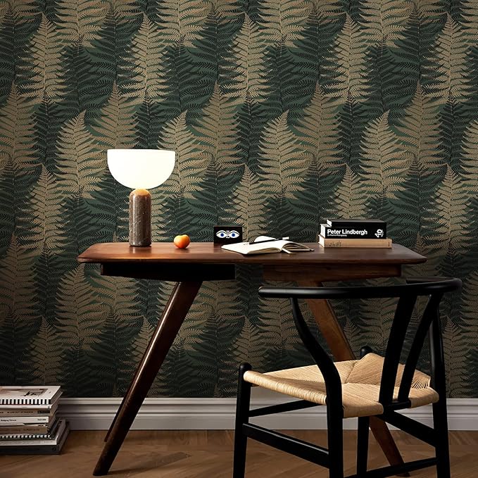 JiffDiff Botanical Fern Wallpaper Green Moody Peel and Stick Wallpaper 17.73" x 118.1" Forest Textured Self Adhesive Temporary Wall Paper for Bathroom Bedroom Apartment Friendly