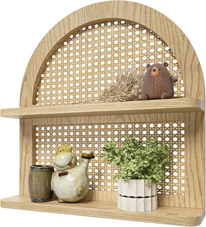 Wood Boho Rattan Wall Shelf - 2-Tier Arched Wicker Floating Shelf Natural Wood New Boho Shelf, Rustic Farmhouse Nursery Decor Shelves Wall Mounted, Neutral Handcrafted (16''l Natural Color)
