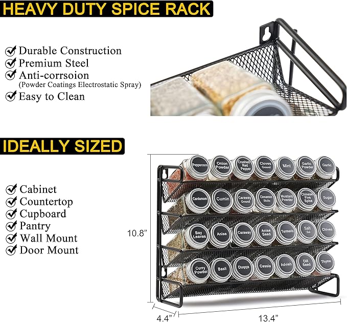 SpaceAid Spice Rack Organizer with 28 Spice Jars, 386 Spice Labels, Chalk Marker and Funnel Set for Cabinet, Countertop, Pantry, Cupboard or Door & Wall Mount - 28 Jars, 13.4