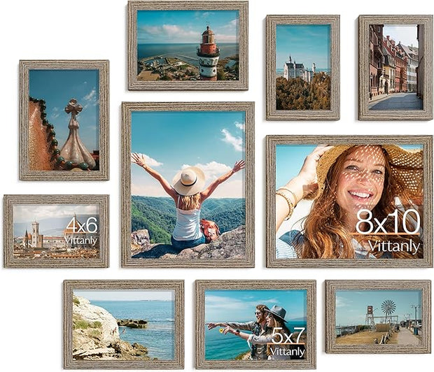 Vittanly Picture Frames Set of 10, Picture Frames Collage Wall Decor with Two 8x10, Four 5x7 and Four 4x6 Photo Frames, Gallery Wall Frame Set for Wall or Tabletop Display, Grayish Brown