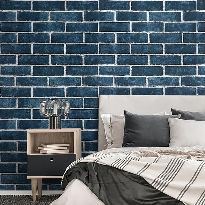 HeloHo 196.8"X17.7" Navy Blue Brick Wallpaper Peel and Stick Self-Adhesive Removable Brick 3D Textured Wall Paper for Kitchen Backsplash Living Room Bedroom Decor