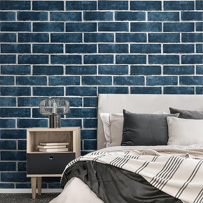 HeloHo 196.8"X17.7" Navy Blue Brick Wallpaper Peel and Stick Self-Adhesive Removable Brick 3D Textured Wall Paper for Kitchen Backsplash Living Room Bedroom Decor