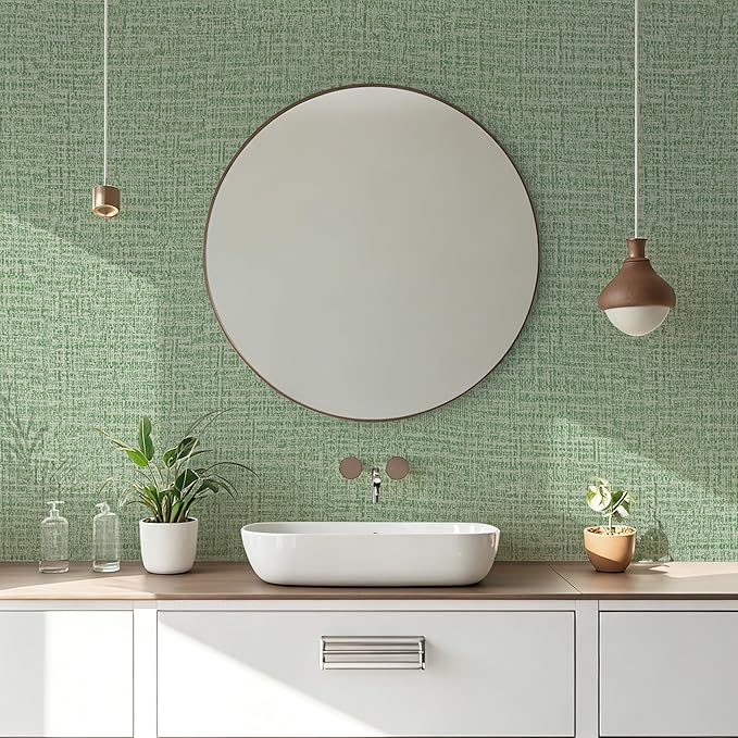 Guvana Grasscloth Peel and Stick Wallpaper Green Textured Contact Paper Modern Removable Self Adhesive Wall Paper Thicken Fabric Faux Linen Wallpaper for Bathroom Kitchen Countertop 197inx15.7in