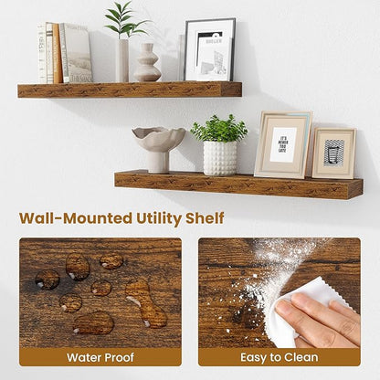 Fun Memories Bathroom Shelves 32 Inch Long Set of 2, Floating Shelves for Wall with Invisible Brackets, for Bedroom, Living Room, Kitchen, Rustic Brown