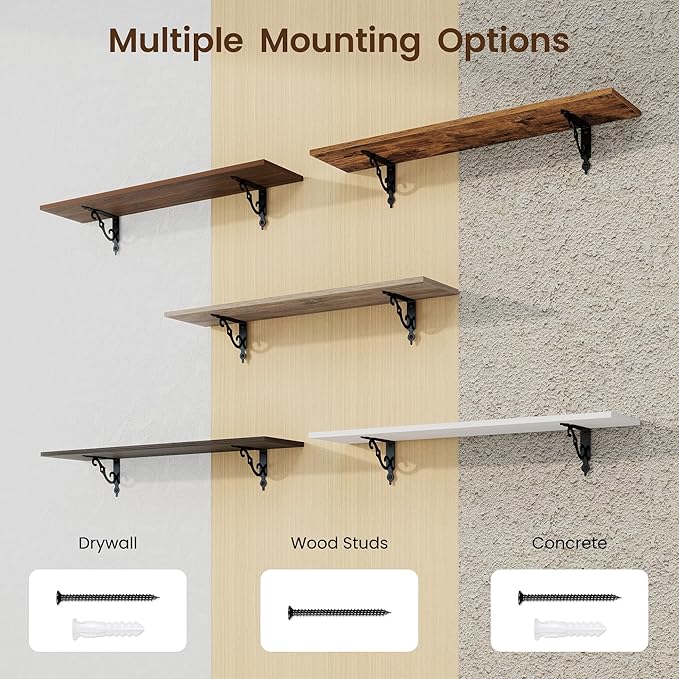 RICHFOCUS Floating Shelves for Wall Decor, 35.4W x 8D Shelves Set of 2, 8 Inch Deep Rustic Wood Shelves Wall Mounted with Brackets, Long Floating Shelves for Living Room Bedroom Kitchen, White