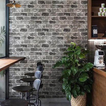 JiffDiff Brick Wallpaper Peel and Stick, Removable Vintage Self Adhesive Wallpaper Renter Friendly Textured Stick on Wallpaper Contact Paper （17.3" x 1200" Black Brick）