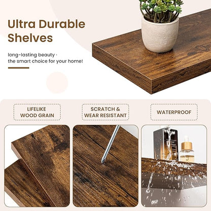 Marsmiles 16in Floating Shelves for Wall, 16" W x 9.25" D x 1.25" H, 2 Pack Long Wall Mounted Engineered Wood Shelves with Invisible Brackets, Rustic Brown