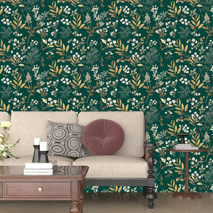 Dark Green Floral Wallpaper Peel and Stick Green Golden Leaf Wallpaper Vintage Floral Contact Paper Waterproof Self Adhesive Boho Delicate Wall Paper for Cabinet Rooms Desk Locker 17.5in x32.8ft