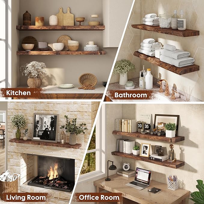 Live Edge Floating Shelves Set of 2, 24 Inch Solid Elm Wood Wall Shelves - Invisible Bracket Mount for Living Room, Bedroom, Kitchen, Bathroom | Vintage Rustic Decor